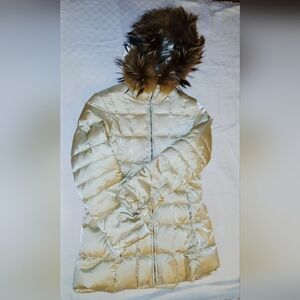Andrew Marc Beige Puffer Jacket with Faux Fur Trim